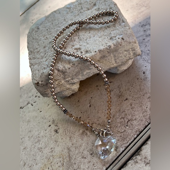 Crystal Swarovski Heart Faux Champagne Pearl Choker Necklace - Picture 7 of 9